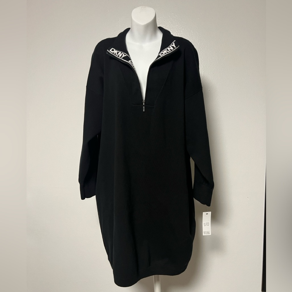DKNY Sweater Dress Women 2X Black Knit Quarter Zip Long Sleeve 65% Cotton New